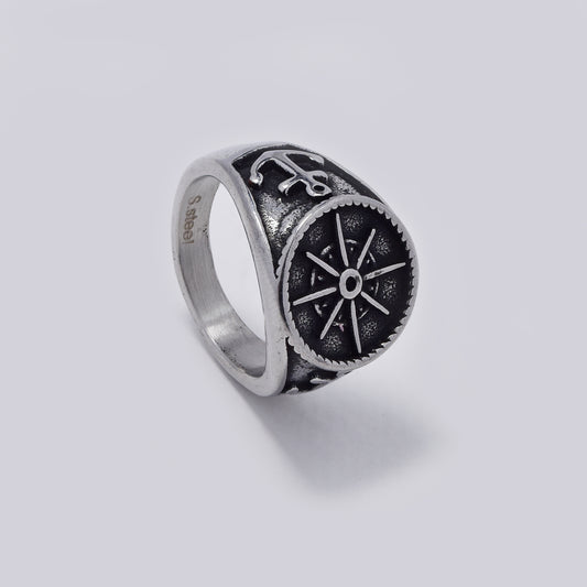 Stainless steel oxidized compass signet ring - SSYR5465