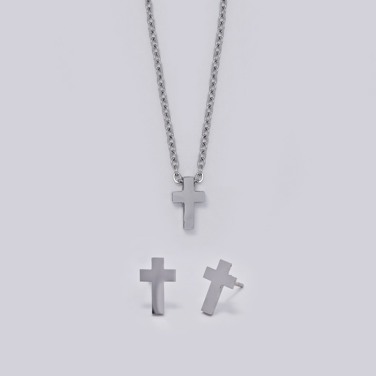 Stainless steel 43+5cm cross necklace and stud earring set - SSYST5436