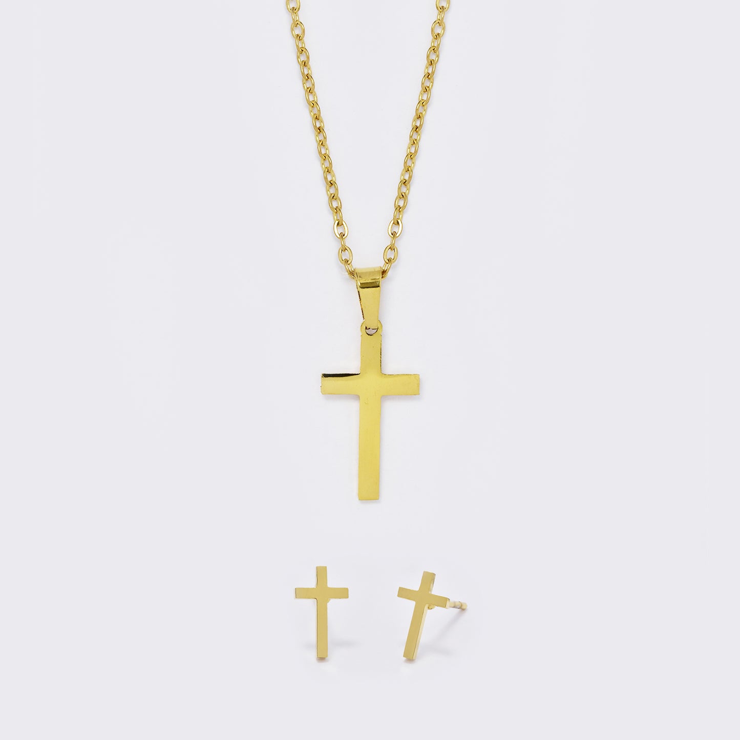 Stainless steel cross necklace and stud set - 44cm chain, 10mm stud - SSYST5864