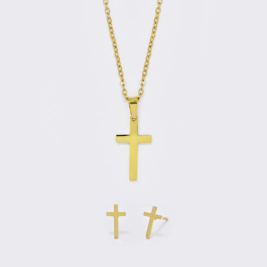 Stainless steel cross necklace and stud set - 44cm chain, 10mm stud - SSYST5864