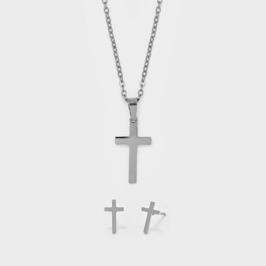 Stainless steel cross necklace and stud set - 45cm chain, 10mm stud - SSYST5865