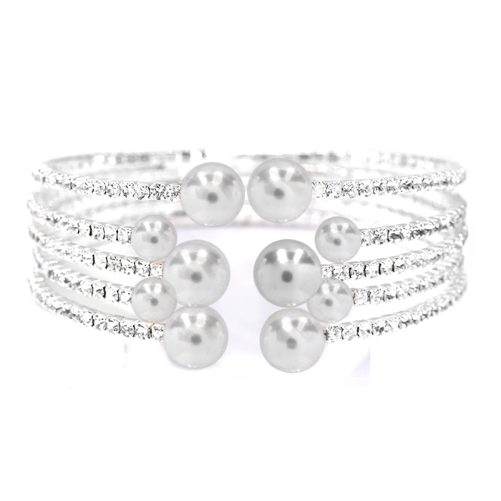 Fashion silver 5 stack pearl and clear crystal bracelet - VB6085