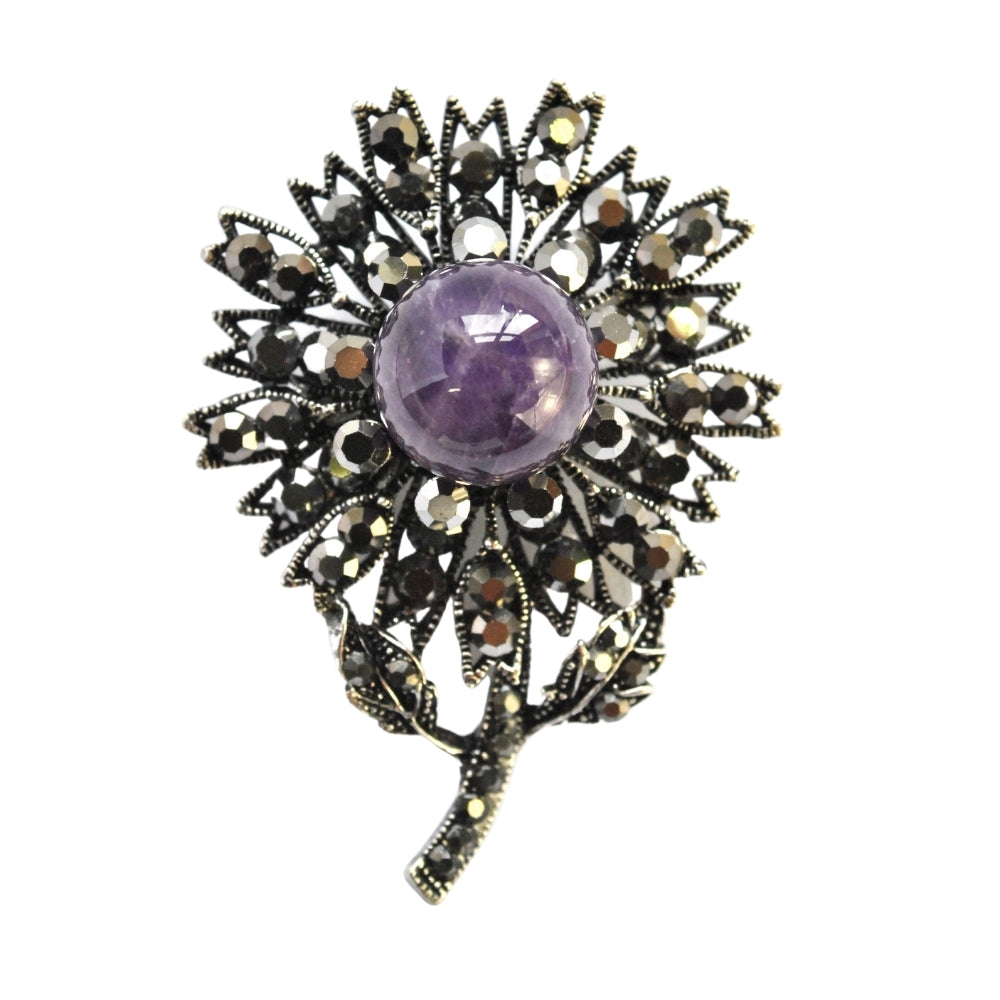 Gunmetal flower brooch with purple pearl centre - VBR2454