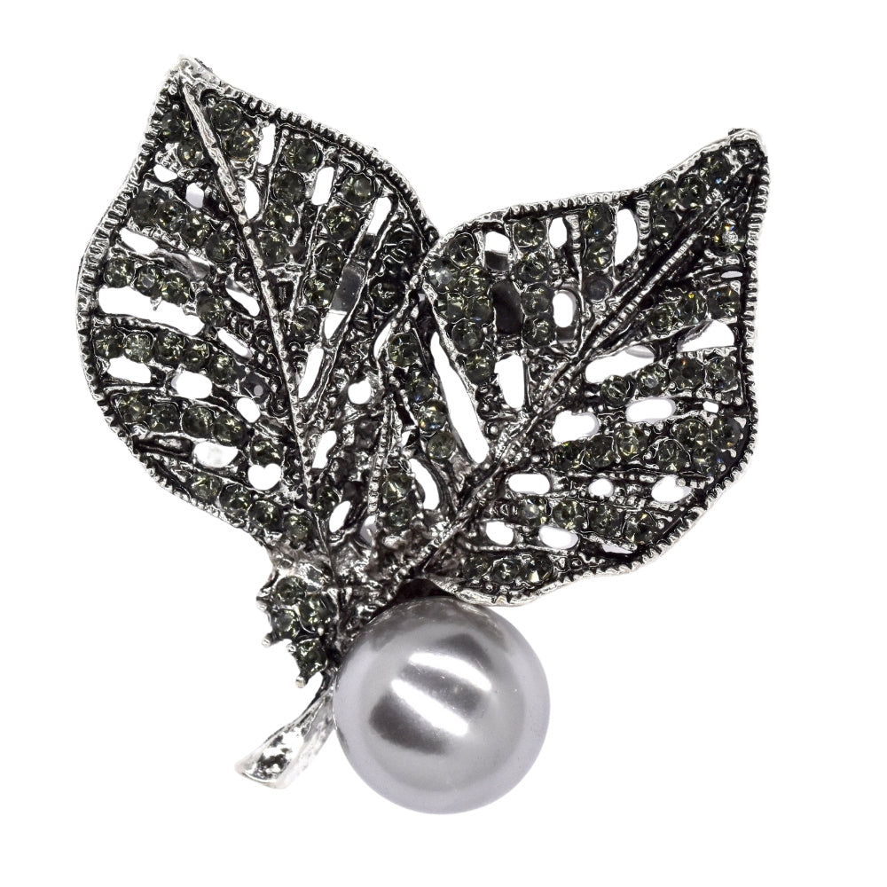 Large double leaf crystal and pearl brooch - VBR7525