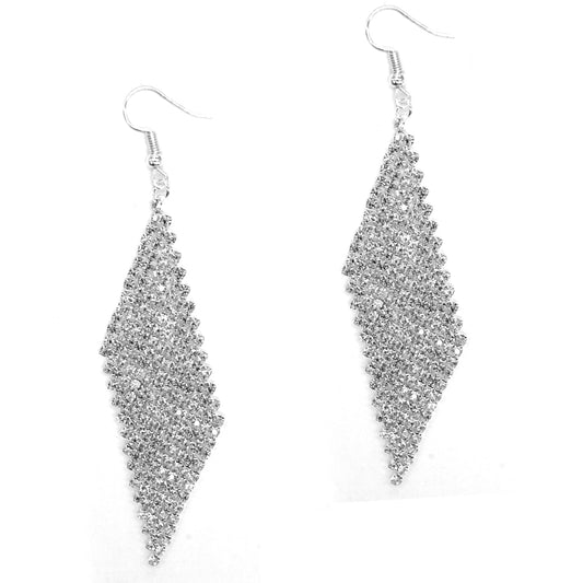 Fashion cascading crystal 95mm x 30mm  diamond shaped silver hanging earring - VE157