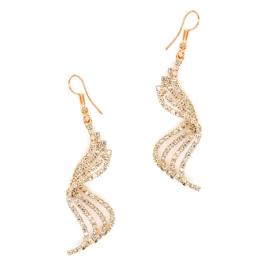 Fashion 75mm x 20mm 4 row Ribbon curved gold diamante earring - VE427