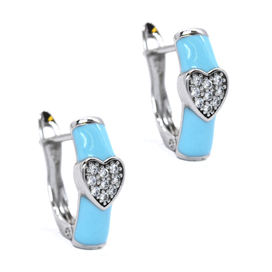 Premium cubic zirconia heart on turquoise enamel silver plated earring