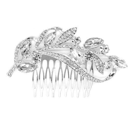 Silver crystal leaf hair comb - ABH1052 - ABH1052