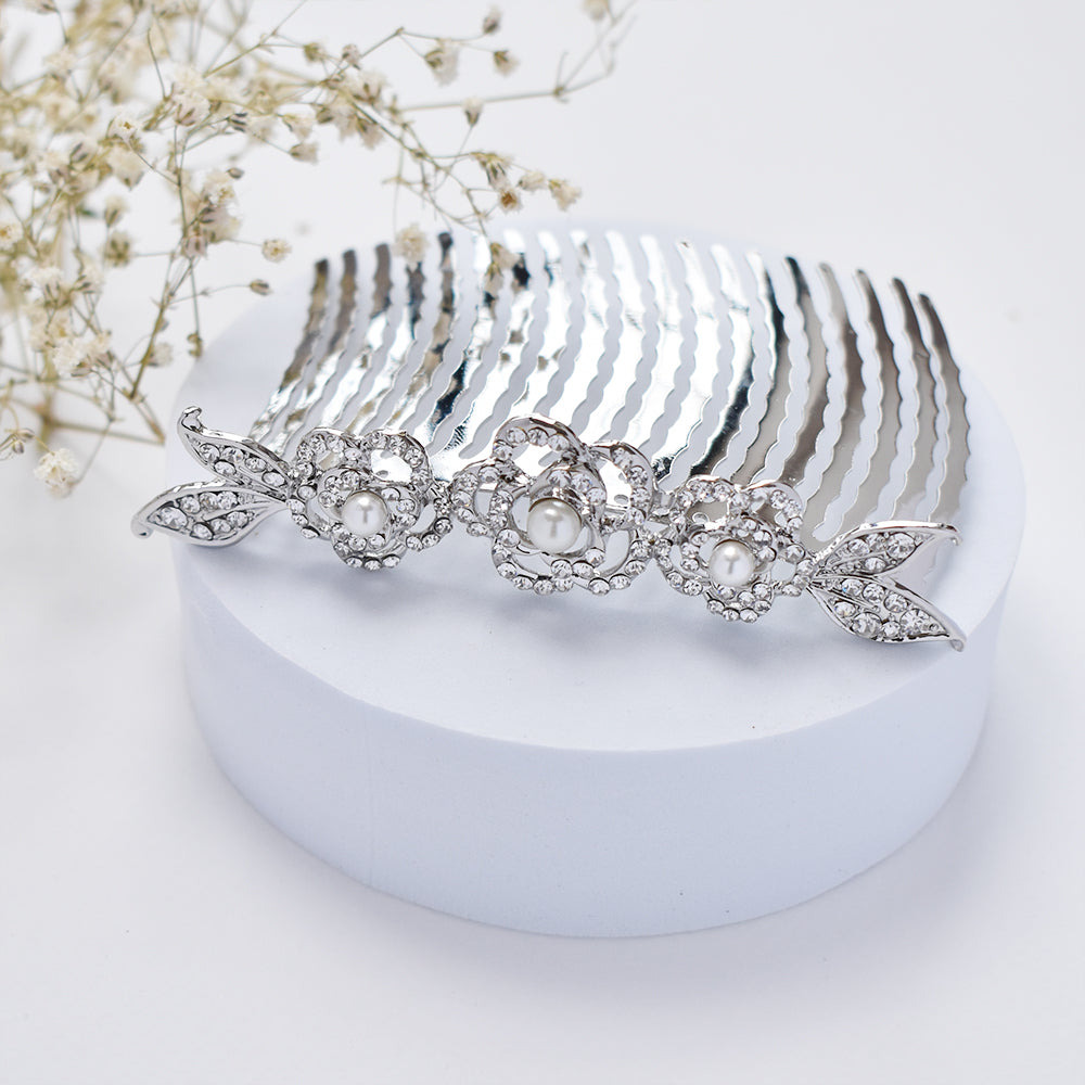 Crstal and pearl silver plated flower hair comb - VH6728 - VH6728