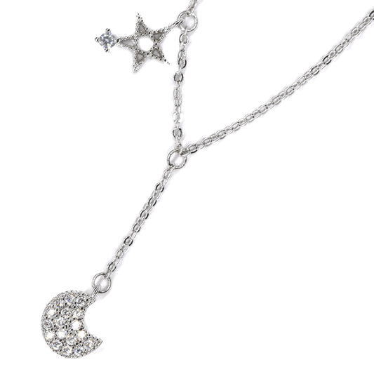 Premium cubic zirconia moon and star silver plated necklace