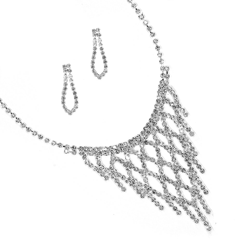 Diamante V tiered cutout diamond silver plated necklace and earring set - VST4226