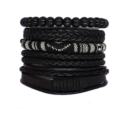 Black 5 piece leather strap bracelet set - YB1262