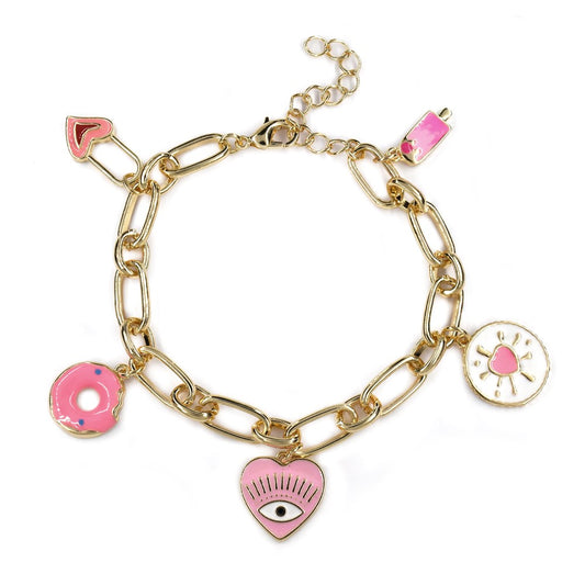 Fashion pink and white gold plated charms bracelet