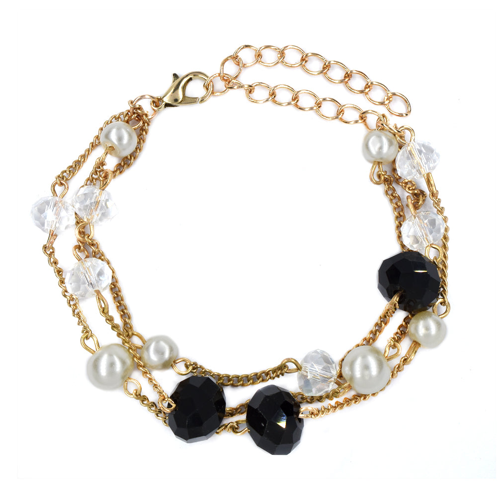 Fashion multi strand pearl and black and clear faceted beaded gold bracelet - YB4541