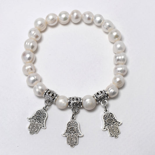Freshwater pearl white 8mm freshwater pearl with Hamsa hand charms stretch bracelet