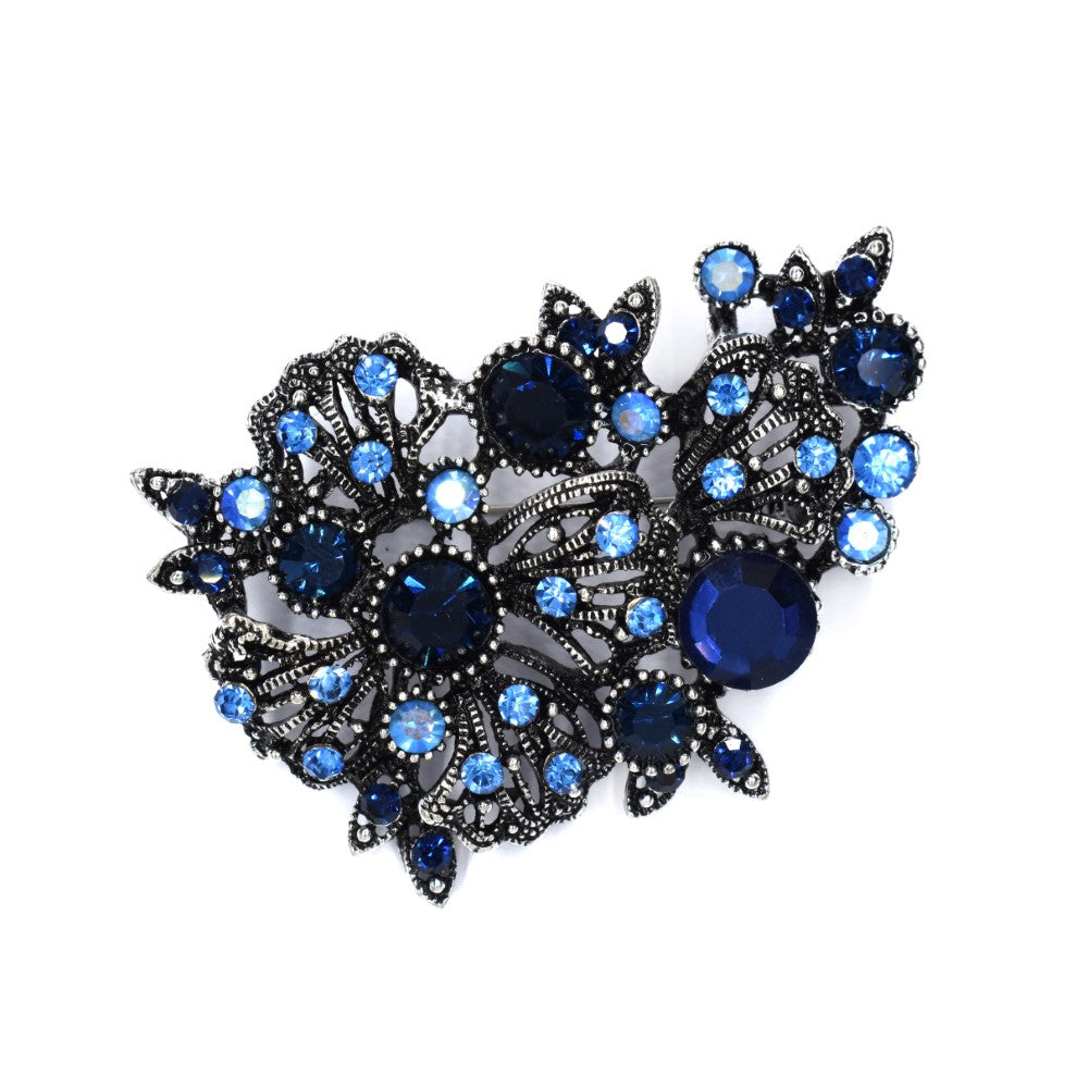 YBR4114 - Blue diamante peacock feather brooch