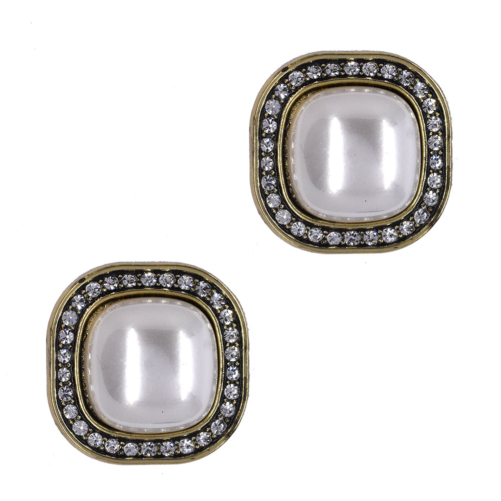 Pearl square framed with crystals gold plated fashion earrings