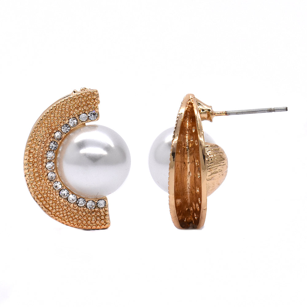 Stippled half circle and clear crystal pearl stud fashion earring