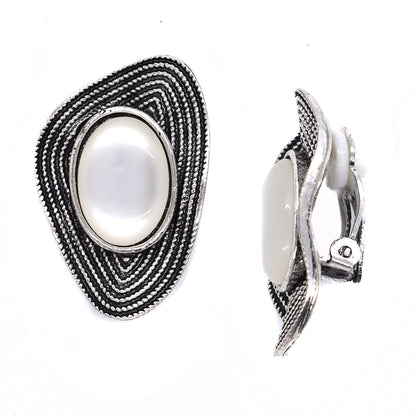 Oblong pearl oxidized clip on stud fashion earring