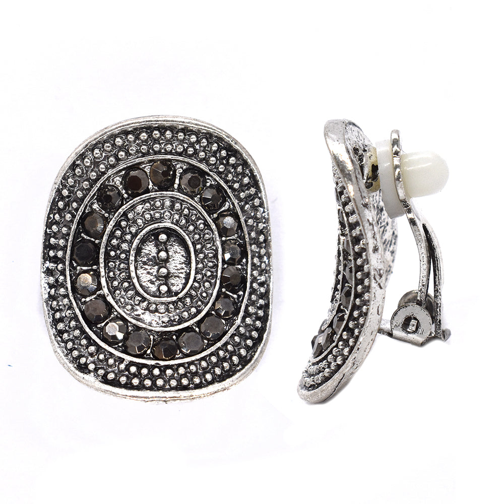 Oval curved oxidized clip on fashion earring with stones