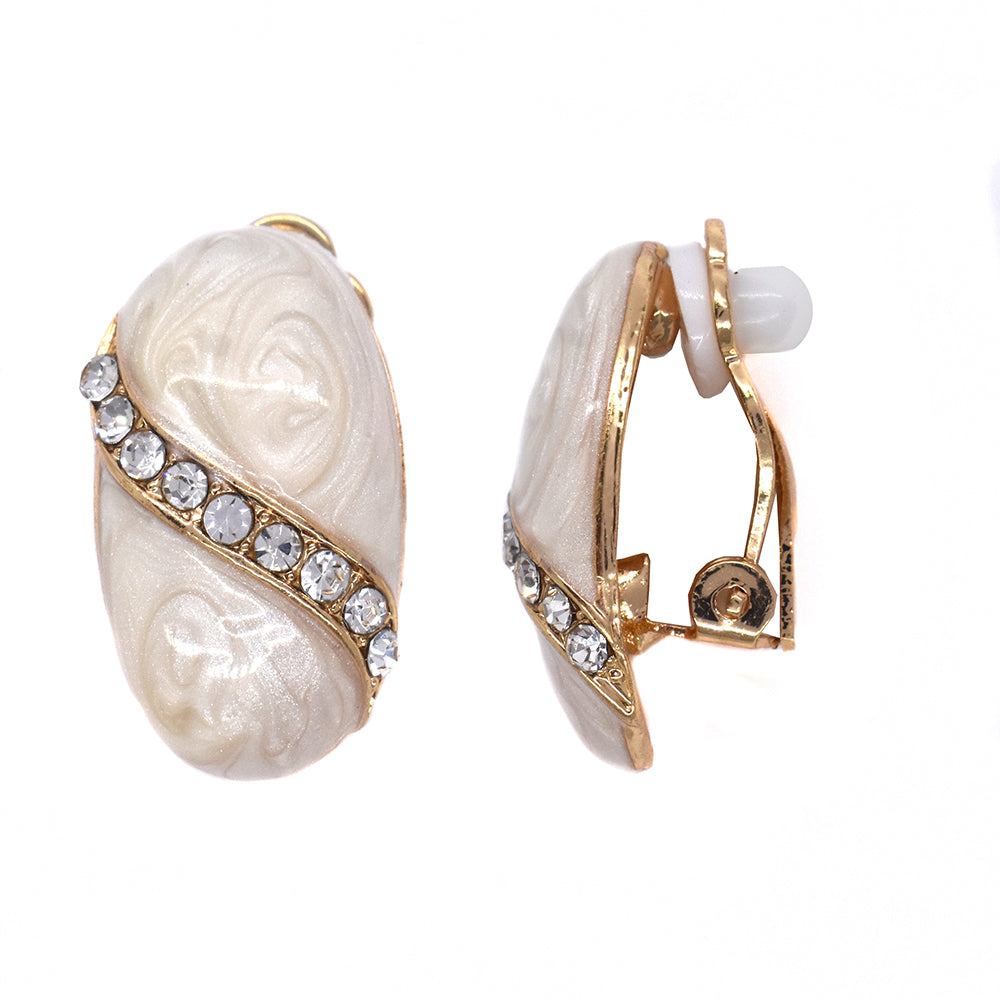 Oval marble clip on fashion earring with stones