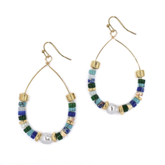 Beaded oval hoop with centre pearl fashion earring - YE4273