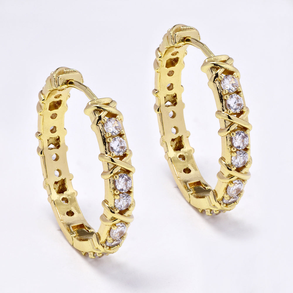 Gold plated hinged round crystal hoop fashion earrings - YE5064