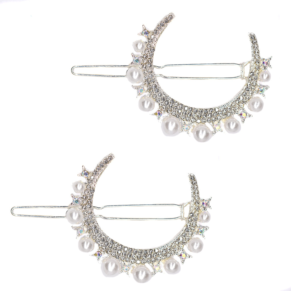 2 Pack Silver crystal and pearl crescent moon hair clip