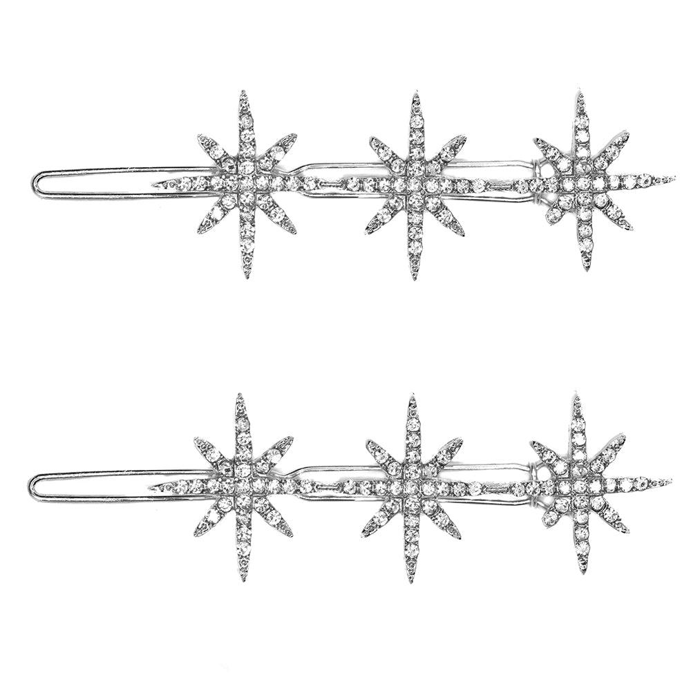 2 Pack silver plated 8 point crystal star hair clip