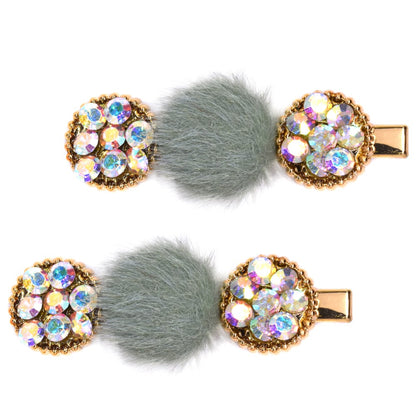 2 Pack AB crystal and colour faux fur gold hair clip